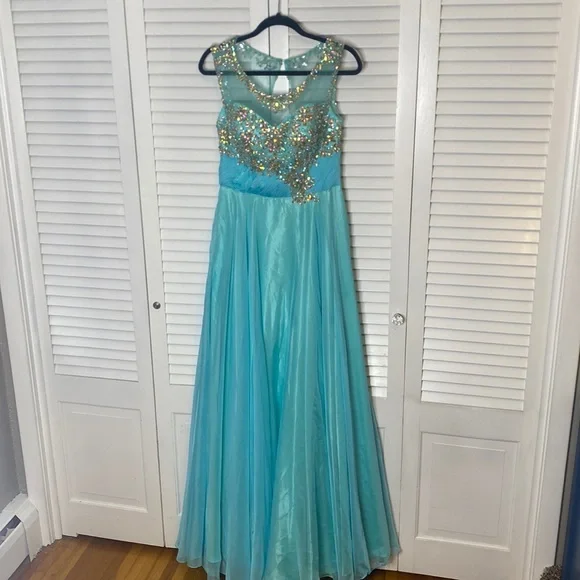 midnight blue wedding dresses Bright Aqua Blue Sequin Short Party Dress by La Femme main image 1